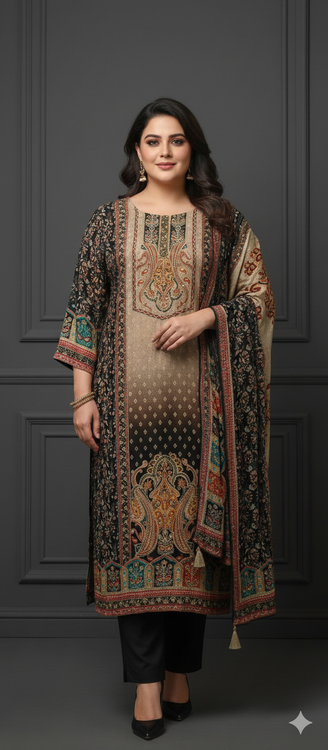 Black Printed Crepe Suit