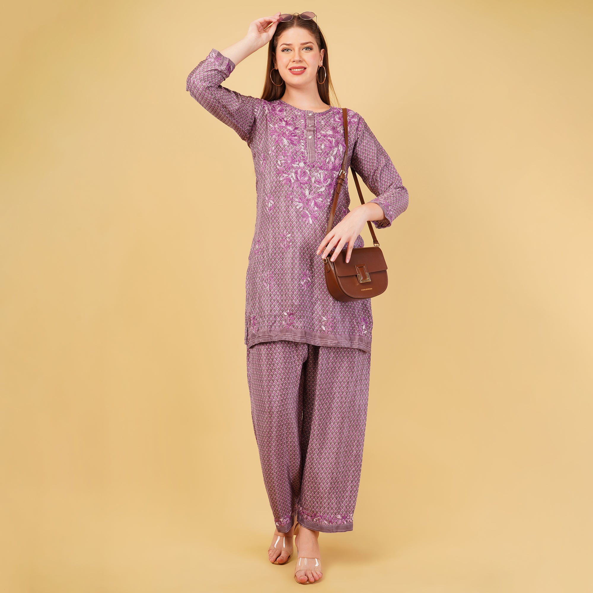 CREPE STRAIGHT CHIKANKARI COORD SET