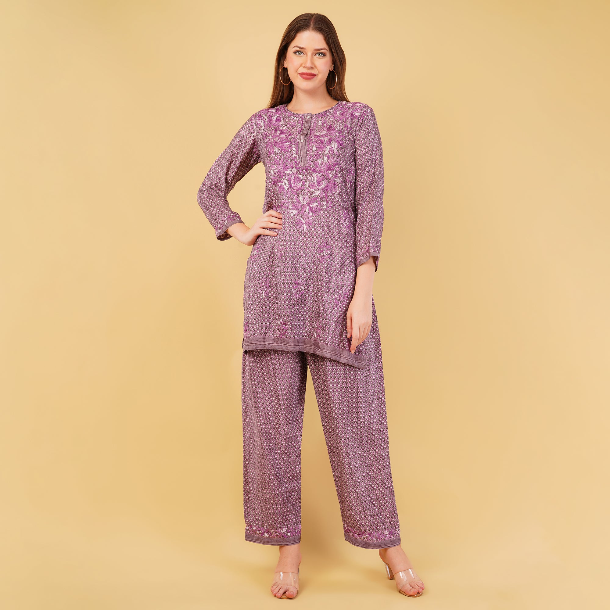 CREPE STRAIGHT CHIKANKARI COORD SET