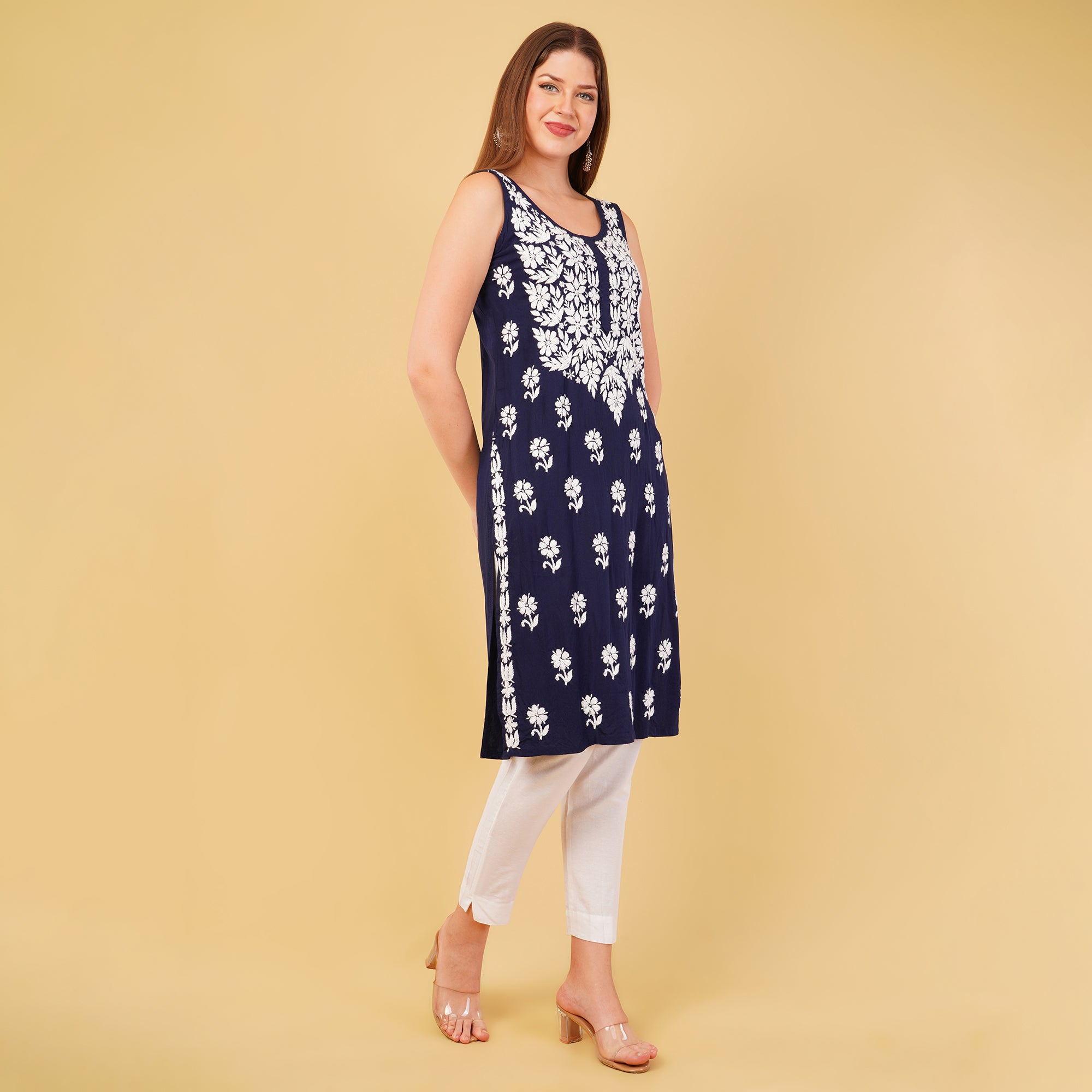 SLEEVELESS CHIKANKARI KURTA