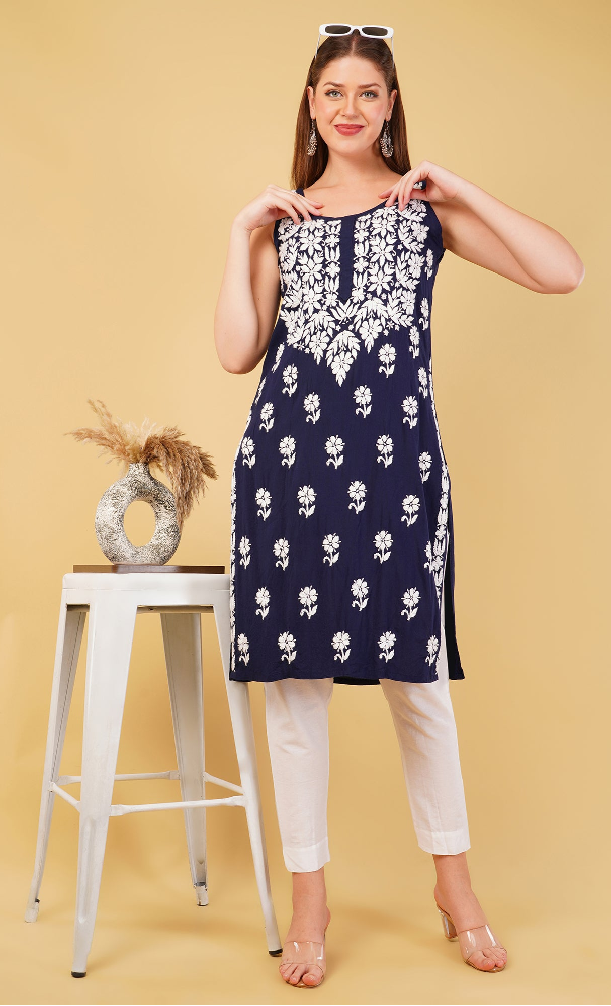 SLEEVELESS CHIKANKARI KURTA