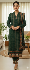 Green Woolen Suit with Printed Stole