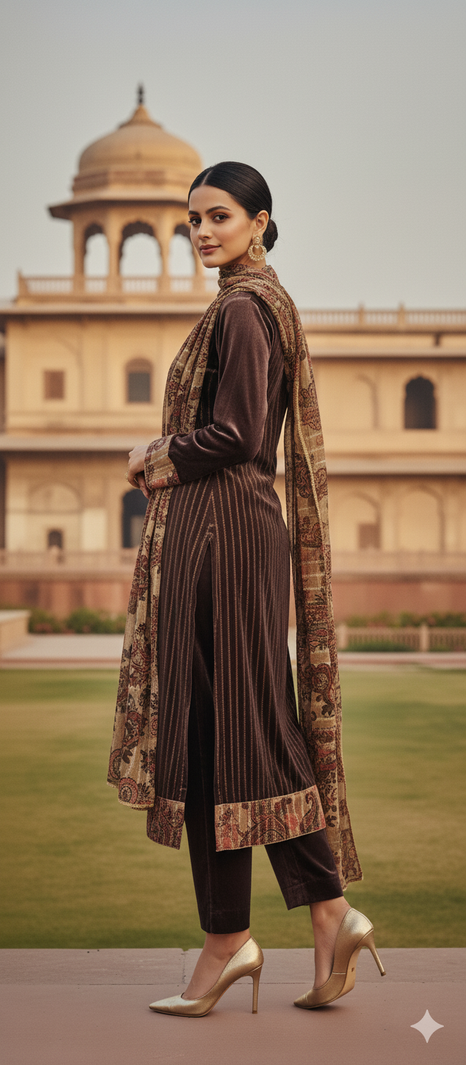 VELVET SUIT WITH PRINTED DUPATTA