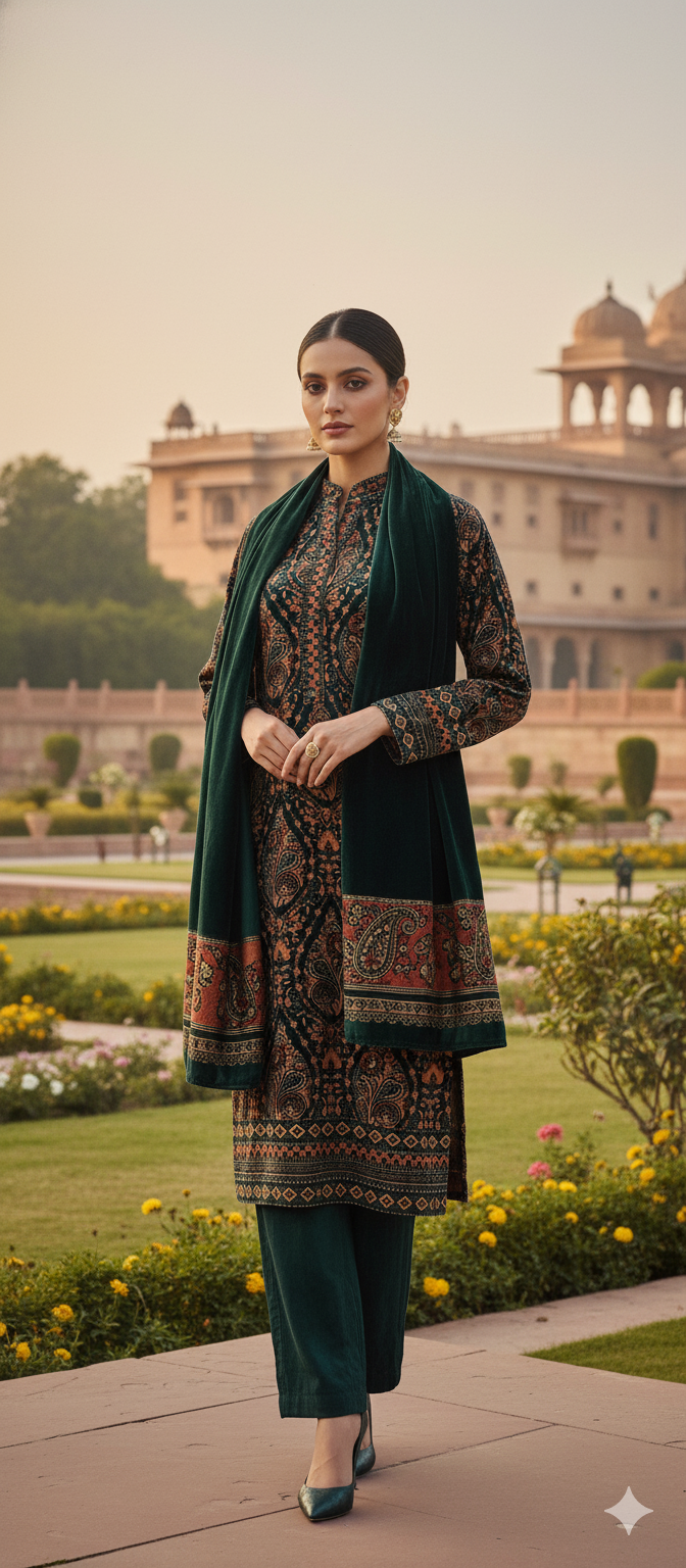 GREEN PRINTED VELVET SUIT