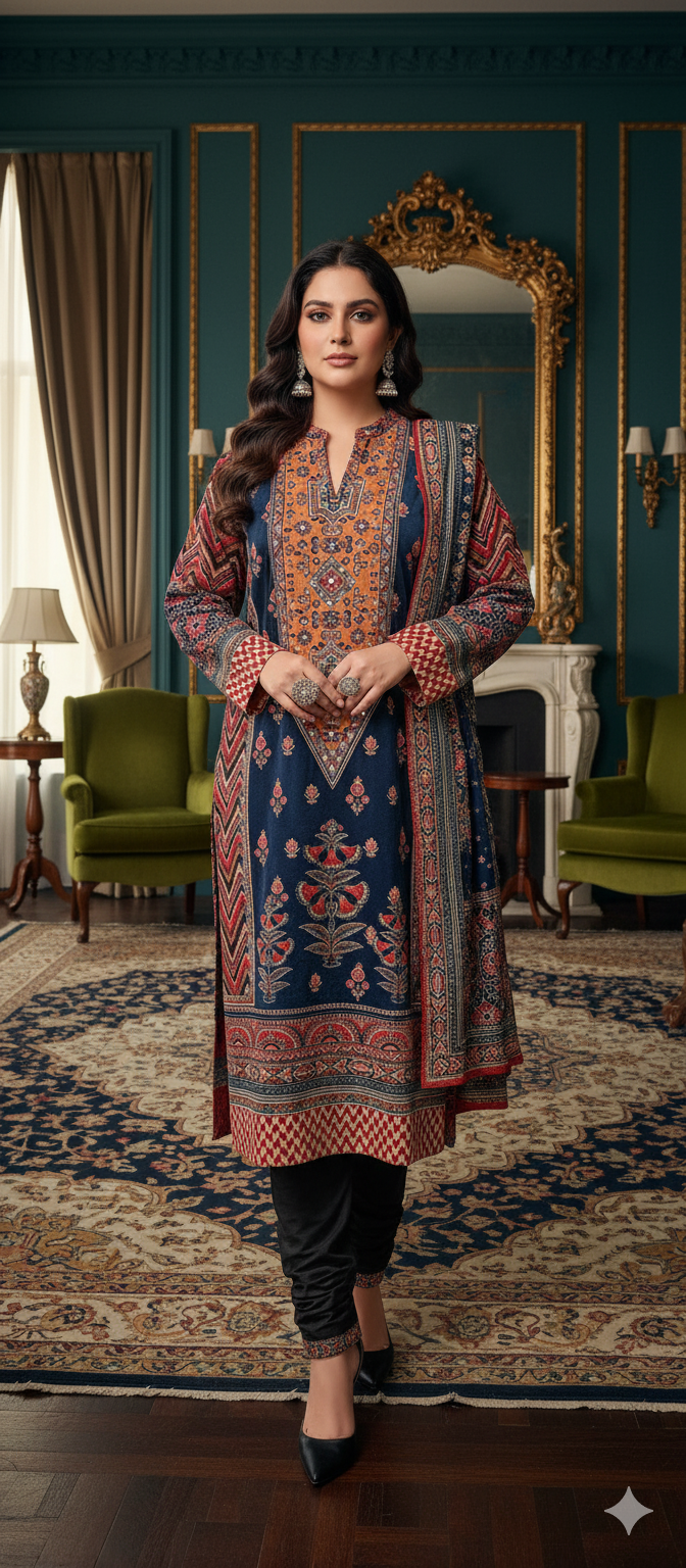 Blue Printed Velvet Suit