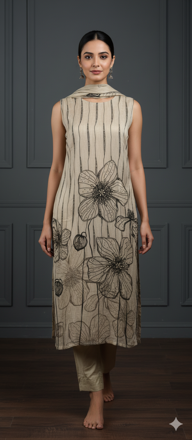 Sleeveless Festive Wear Suit in Chiffon Fabric