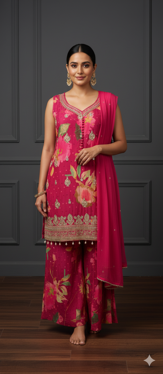 Sleeveless Suit with Floral Print and Sharara